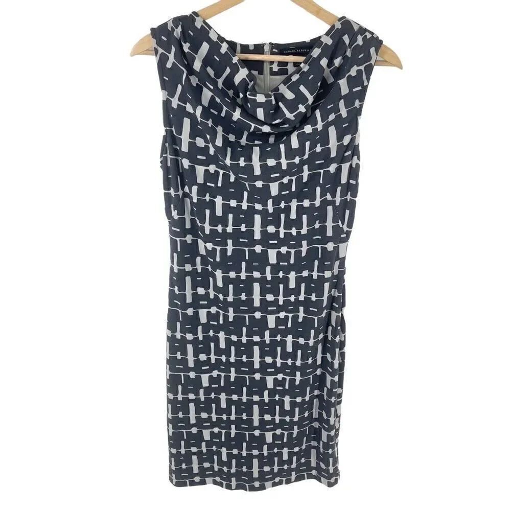 Banana Republic Women's Sheath Dress Midi Mod Plaid Ponte Drape Neck Gray Size 4